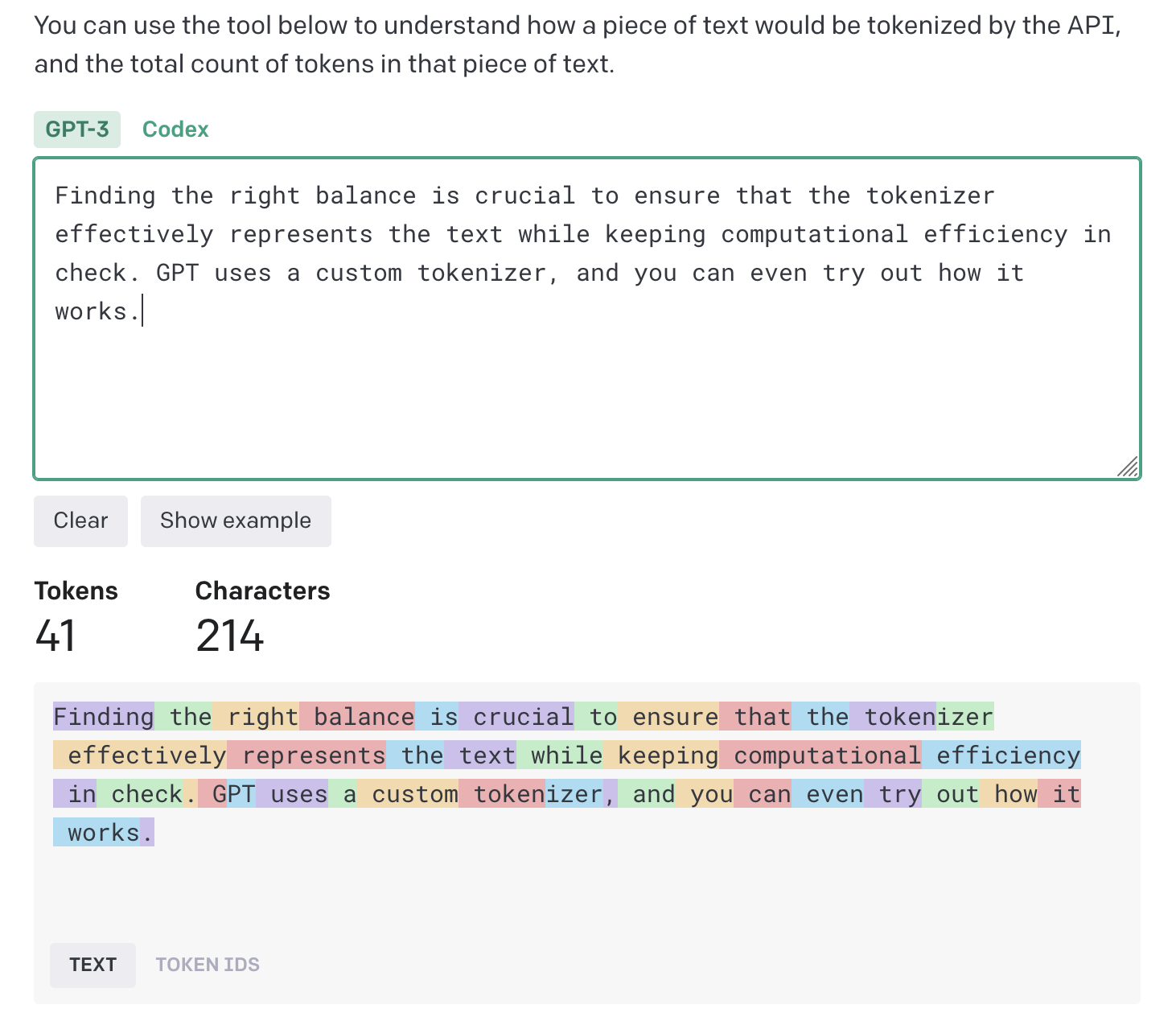 Screenshot showing OpenAI tokenizer with a sample sentence
